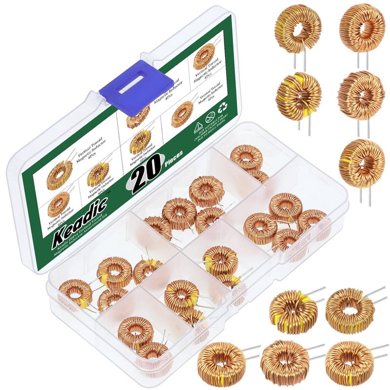 Keadic 20Pcs Vertical Toroid Magnetic Inductor Assortment Set 22uH 50uH 100uH 220uH 330uH Copper Wire Wind Wound Inductance Copper Coil Toroid Inductor for Transformers DIY Circuit Board - Image 1